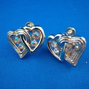 Vintage aurora borealis rhinestone heart shaped screwback earrings